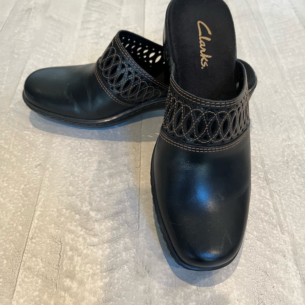 Clark’s Brigit black leather slip in.